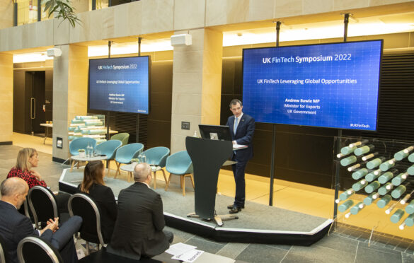 Andrew Bowie, UK government minister for exports, addressing delegates at the UK FinTech Symposium. Picture by Paul Watt.