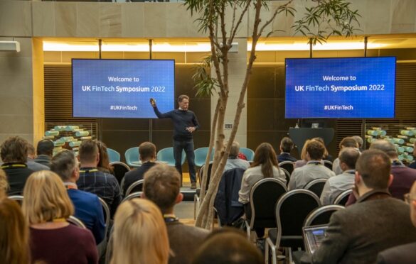 Stephen Ingledew, chair of FinTech Scotland, addresses delegates at the UK FinTech Symposium at NatWest’s Gogarburn campus. Picture: Paul Watt